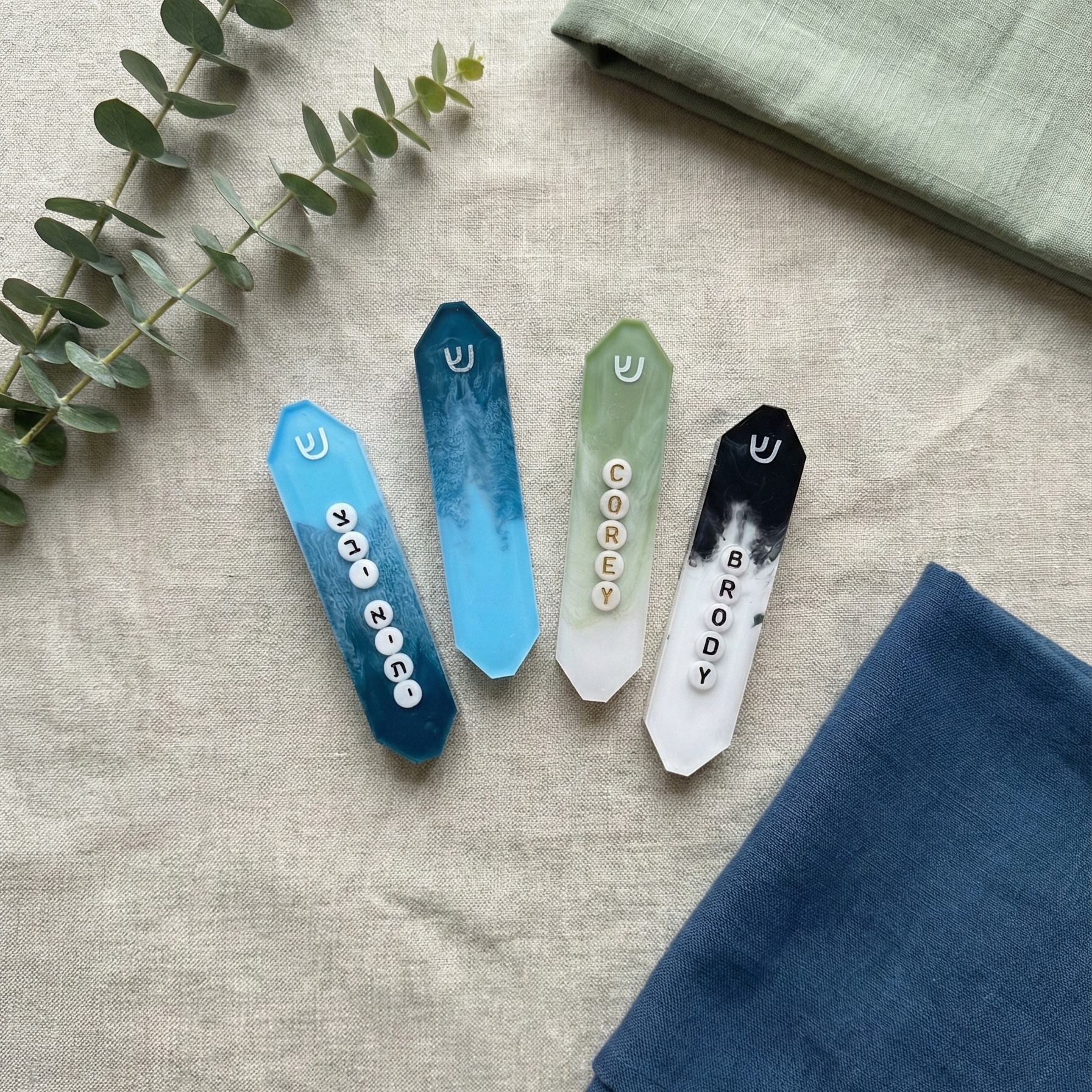 4 boys tide dye mezuzahs, blue, sage and black