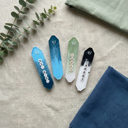 4 boys tide dye mezuzahs, blue, sage and black
