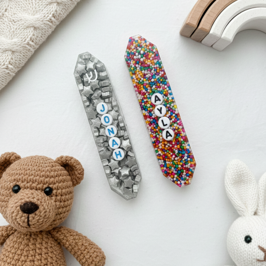 Colorful sprinkle resin mezuzah with confetti design
