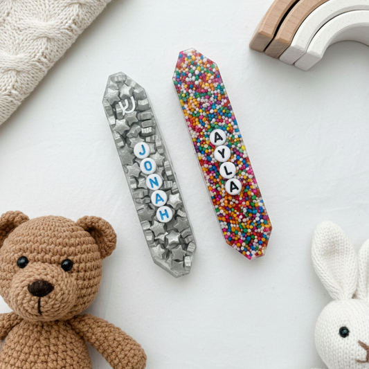 Colorful sprinkle resin mezuzah with confetti design